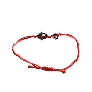 RED ADJUSTABLE BRACELET WITH EVIL EYE AND HAND CHARM